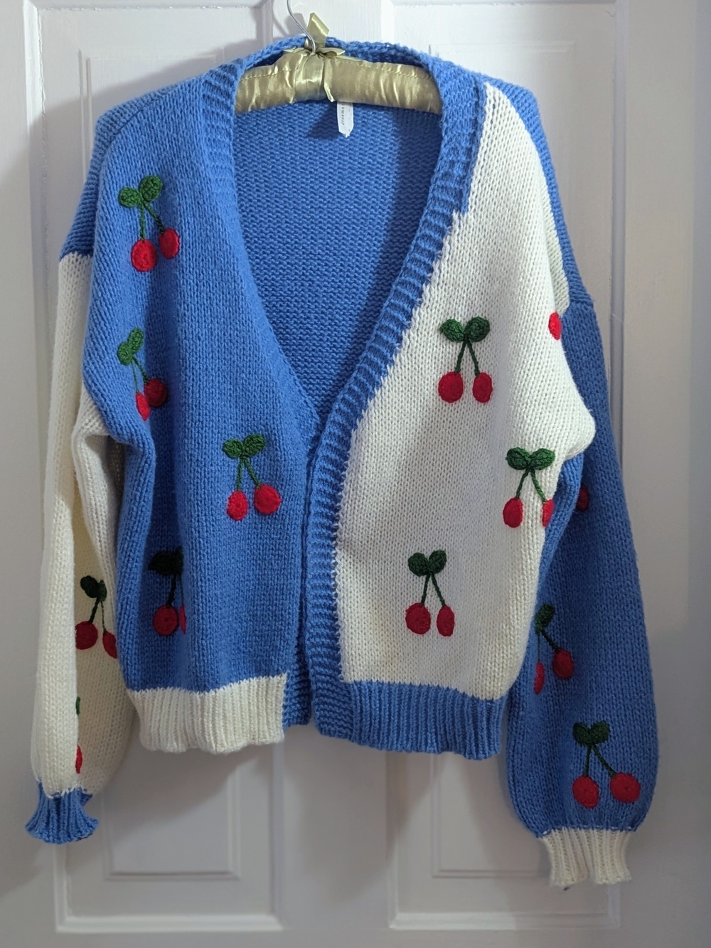 Blue & White Cherry Knit Cardigan Sweater